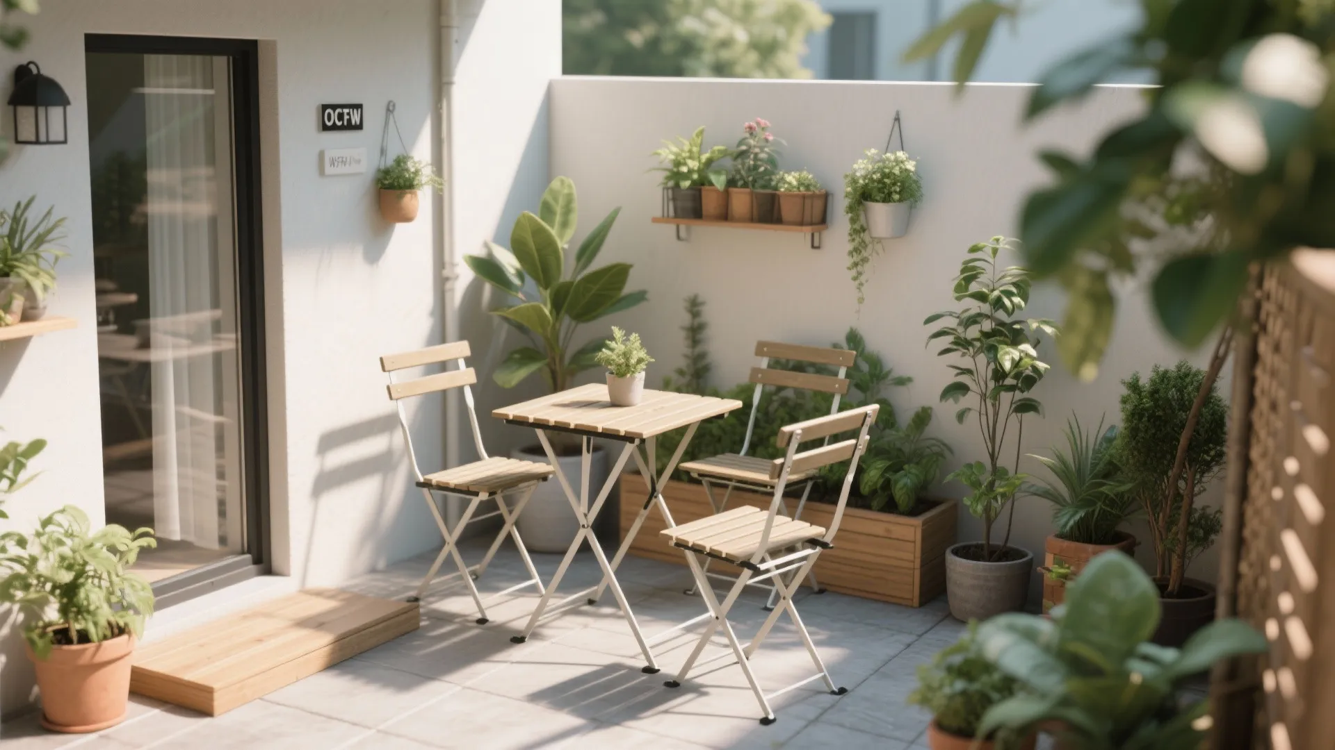 Small white balcony space with wooden foldable table chairs green potted plants and clean white walls
