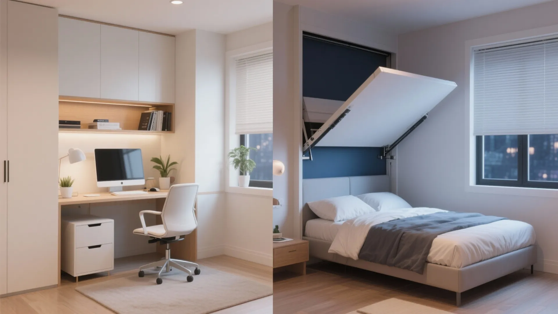 Comparison of a home office desk area and a space saving wall bed being opened