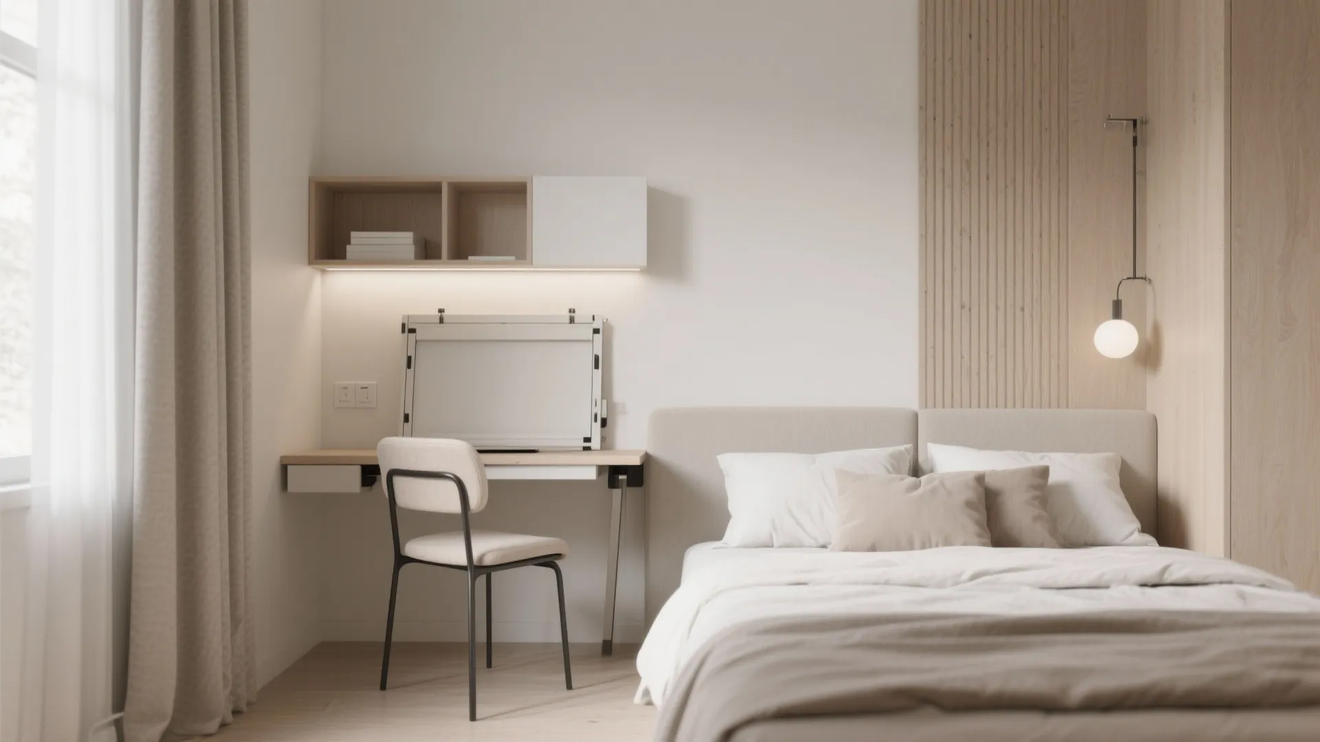 Wall-mounted foldable desk in a small bedroom