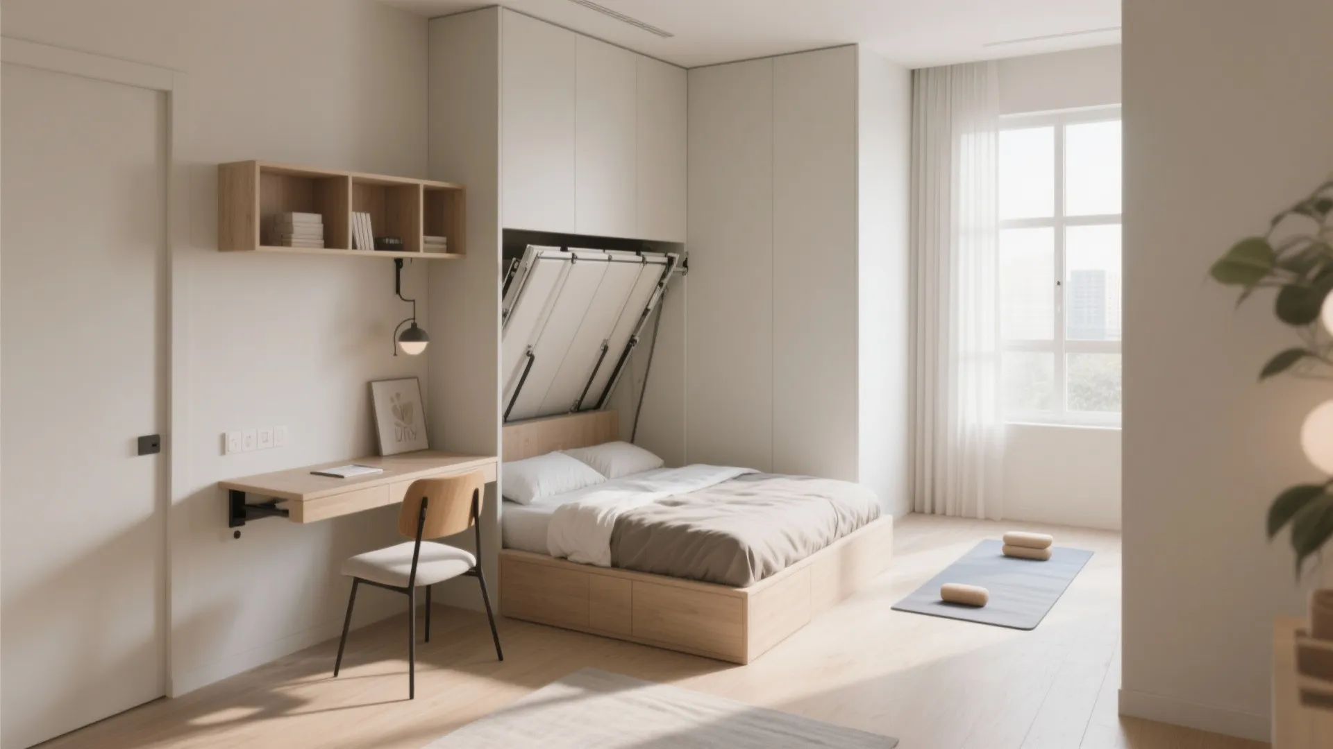 Functional studio apartment room layout featuring a foldable wall bed and a small wooden desk