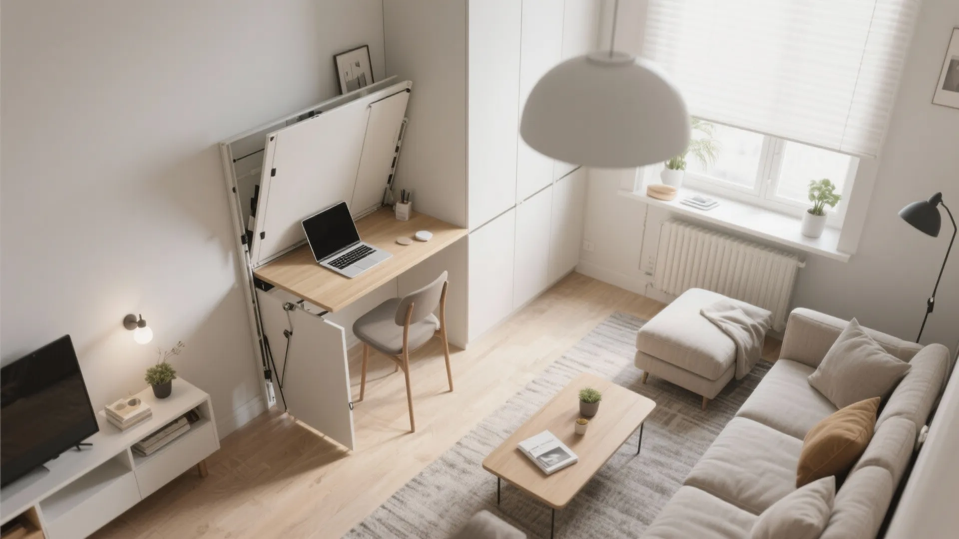 Modern studio apartment with foldable wall desk laptop small sofa coffee table and white cabinets