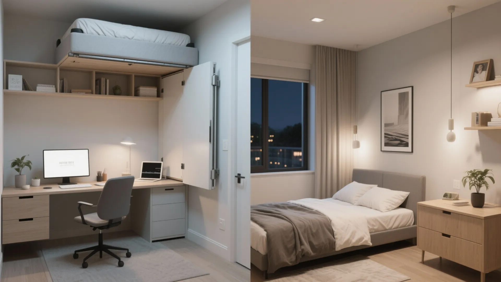 Side by side view of a home office desk and a cozy modern bedroom scene