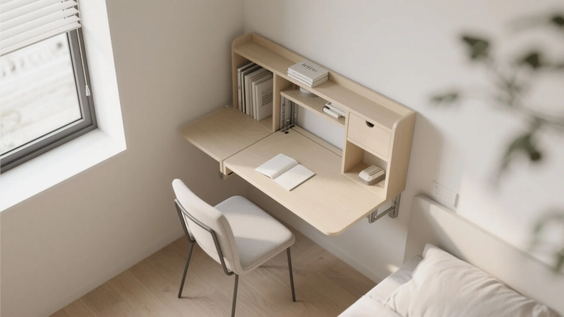 Space saving wall mounted wooden desk with shelves a grey chair and natural window light