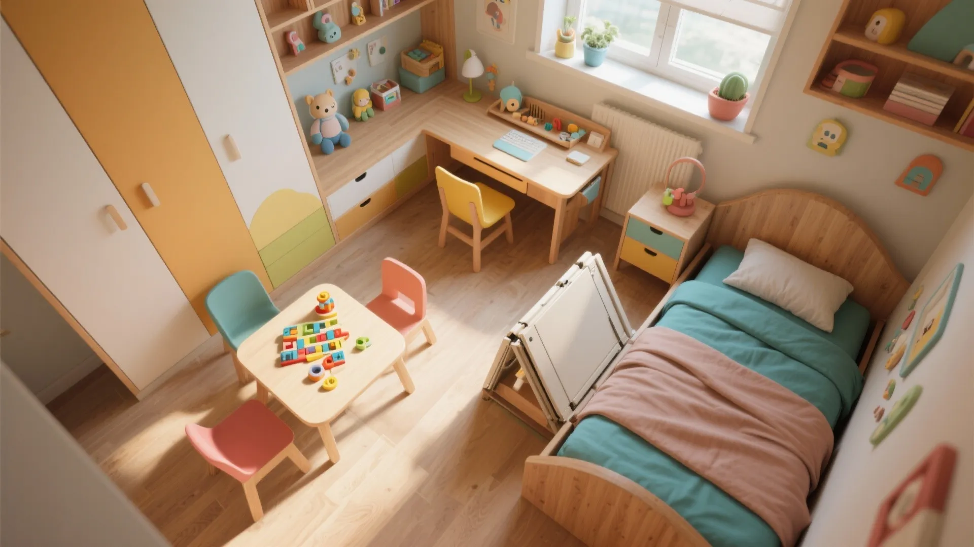 Child bedroom from above showing small table yellow chairs wooden desk bed and colorful storage
