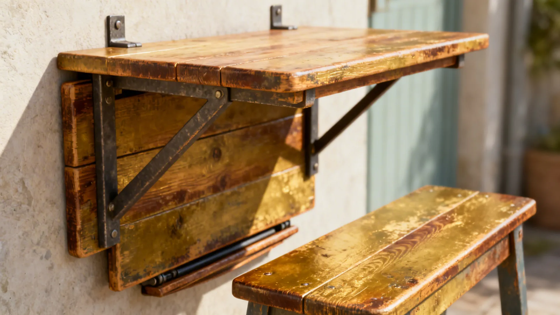 Wall-mounted drop table and folding bench with visible brackets on a small patio