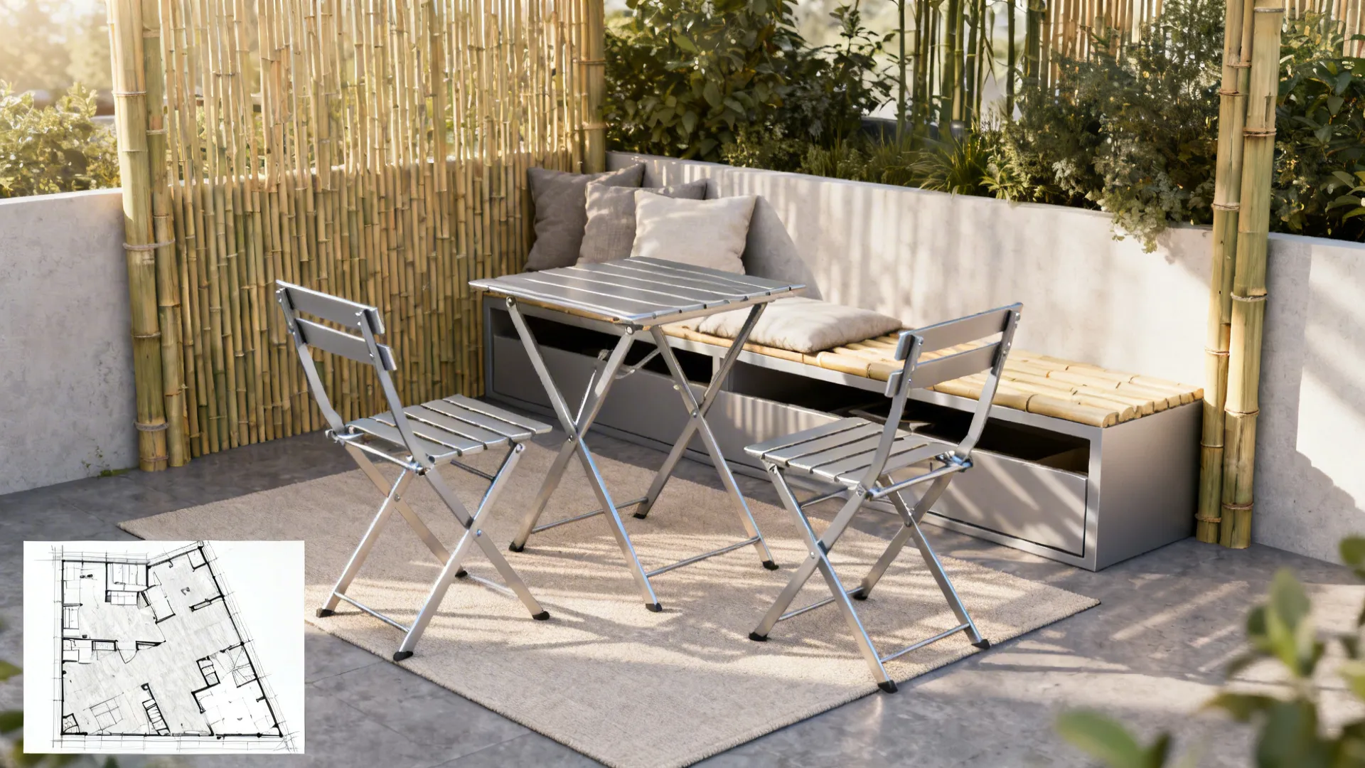 Foldable bistro set and a storage bench on a small patio with a defined seating area.