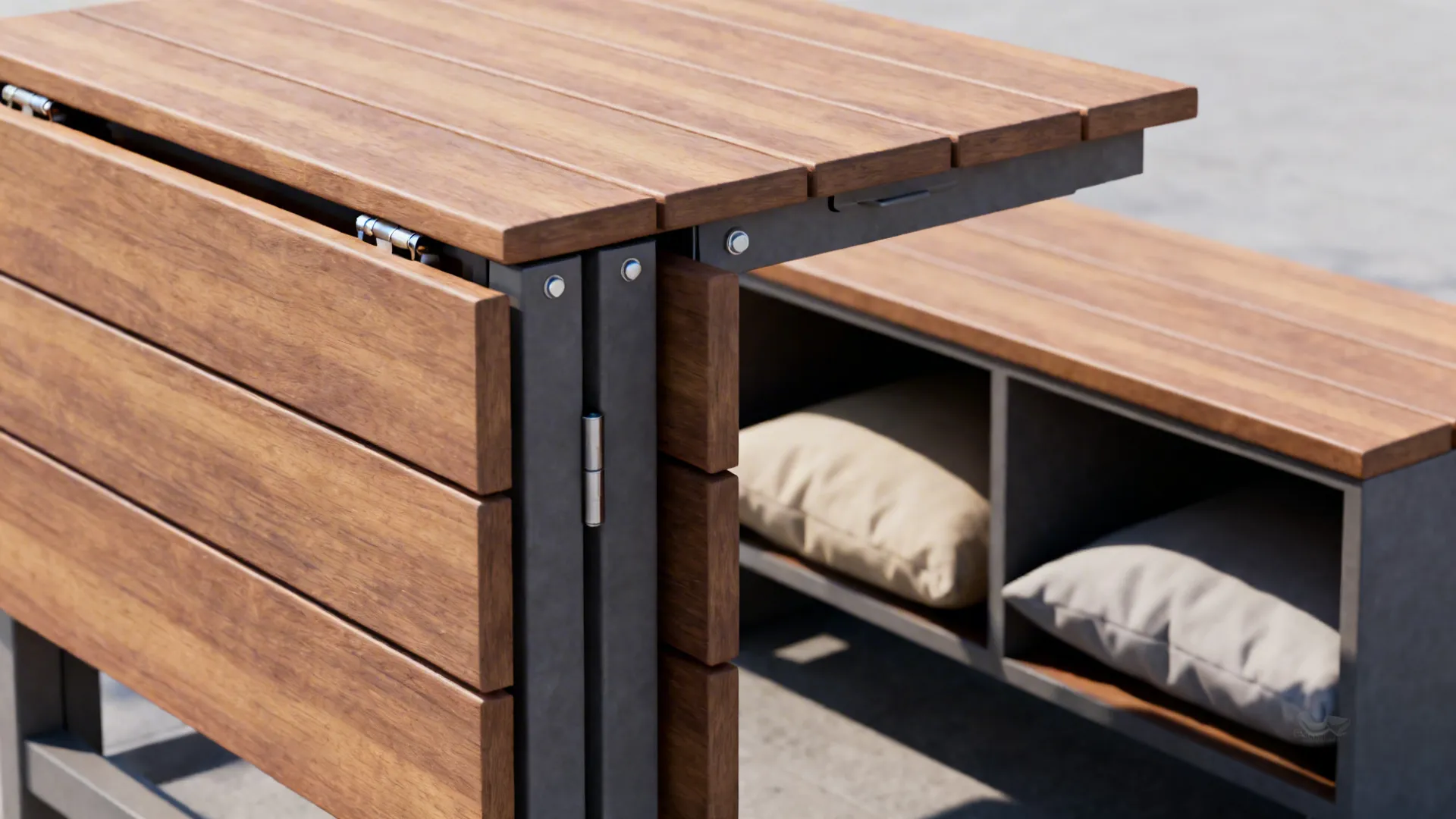 Foldable outdoor table and bench with hidden storage and cushions.