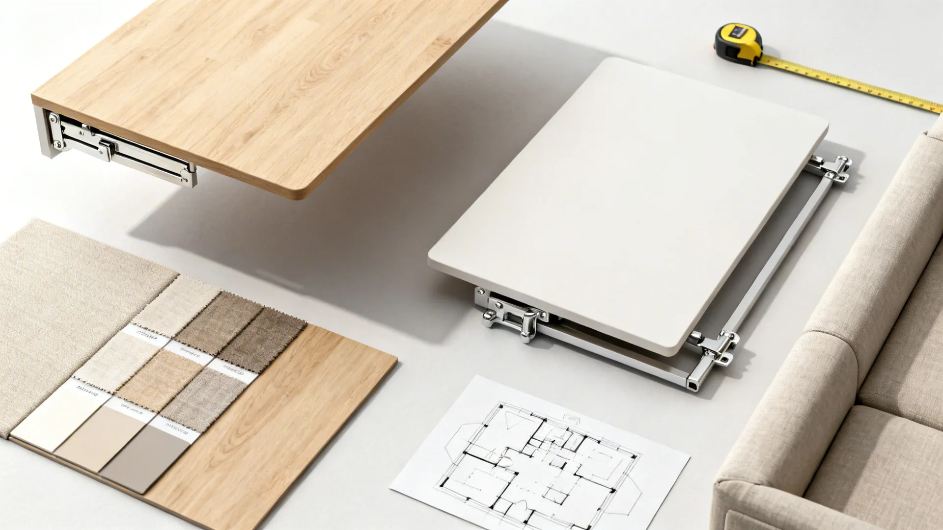Flat lay of foldable table parts wood panel fabric samples floor plan and measuring tape