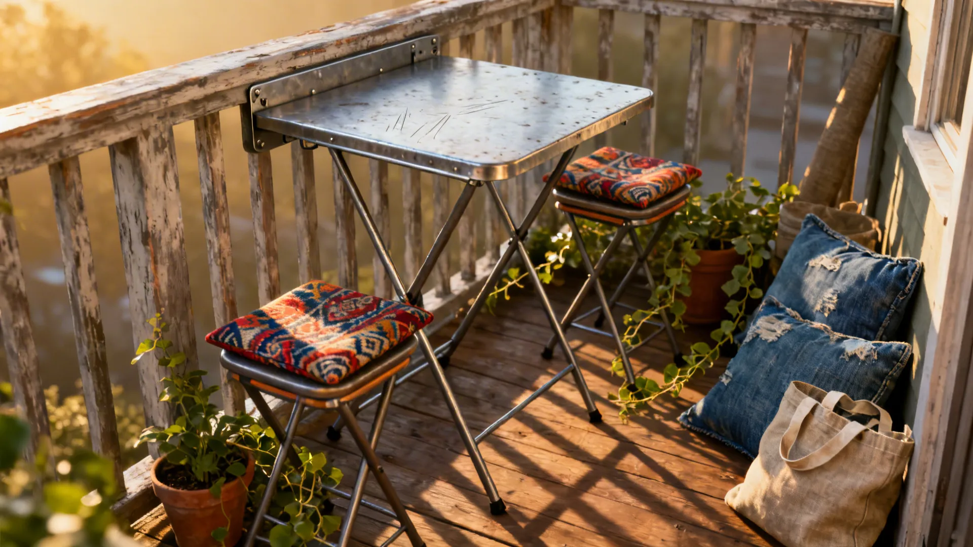 Compact terrace with a fold-down table, two stackable stools and cushions surrounded by potted plants.