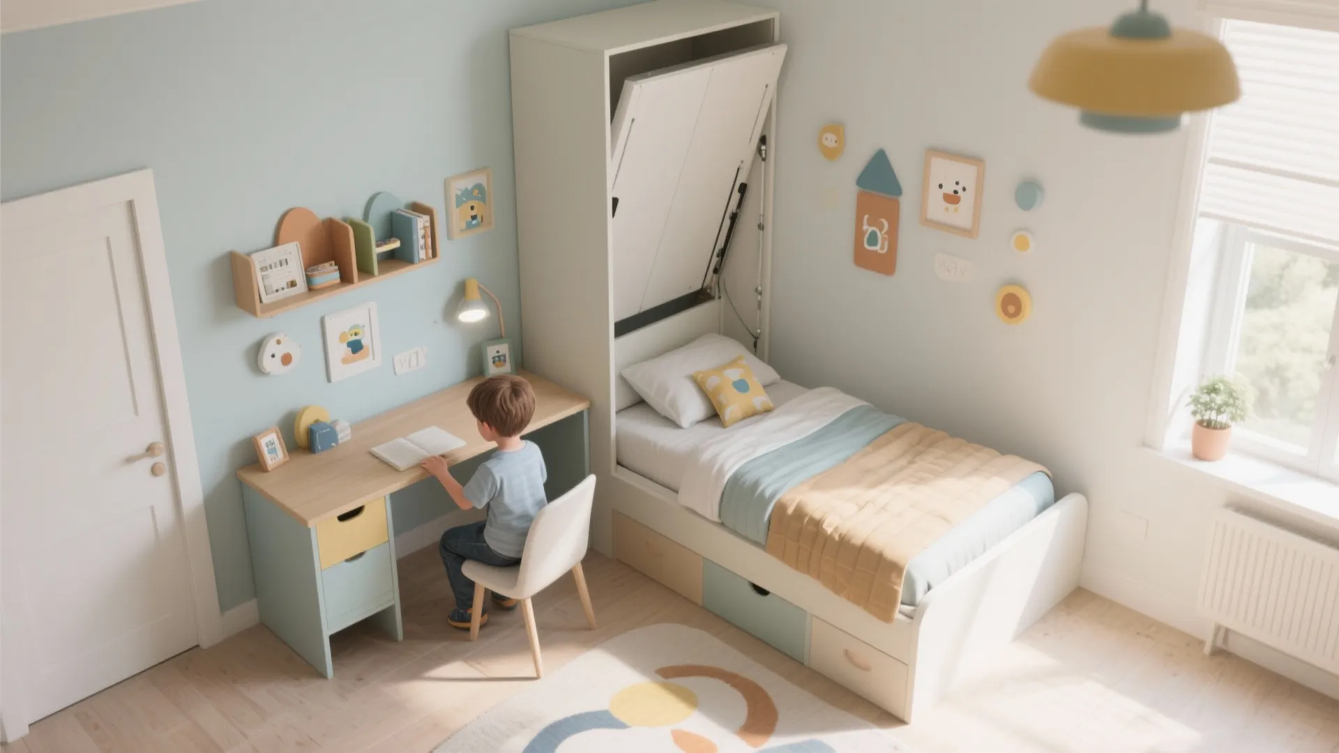 Small bedroom featuring a folding wall bed and a wooden desk with a white chair