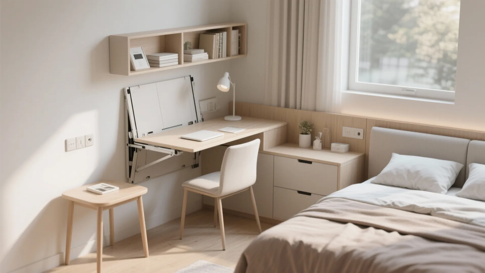 Small bedroom featuring space saving foldable desk wooden wall shelves white chair and cozy bed setup