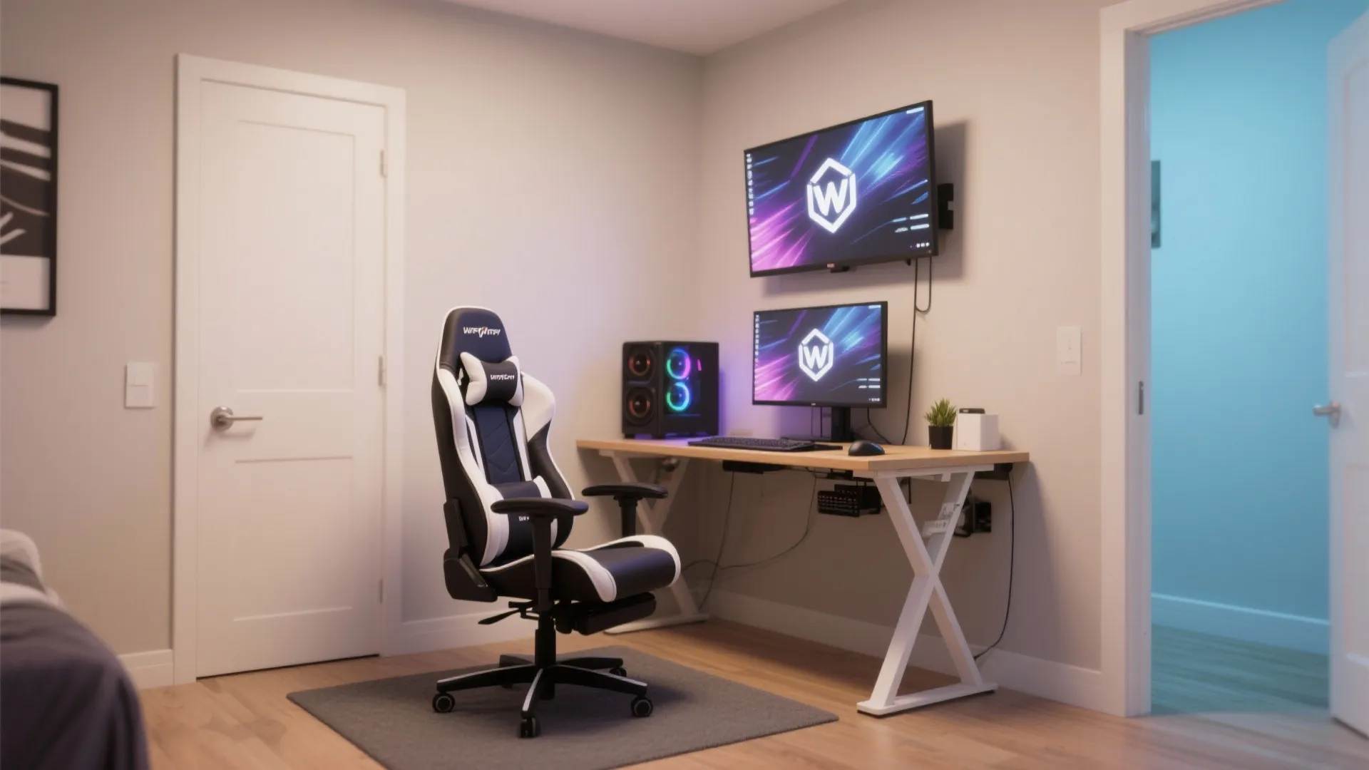 Modern home office gaming setup featuring white black chair dual monitors wooden desk and computer