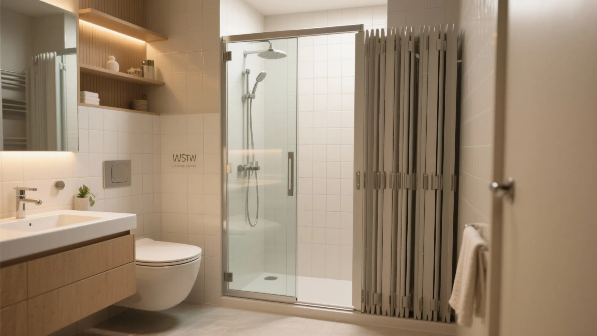 Contemporary bathroom with a white folding shower screen next to a wall hung toilet and sink