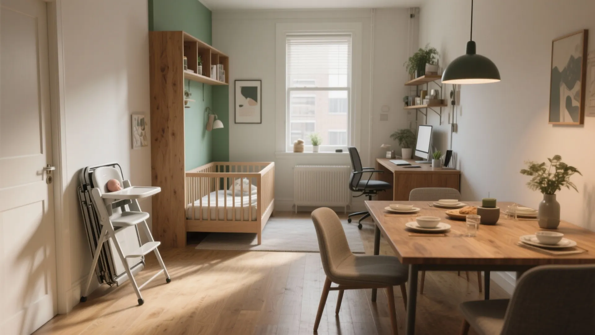 Modern room layout with wooden dining table, baby crib, office desk and folded high chair