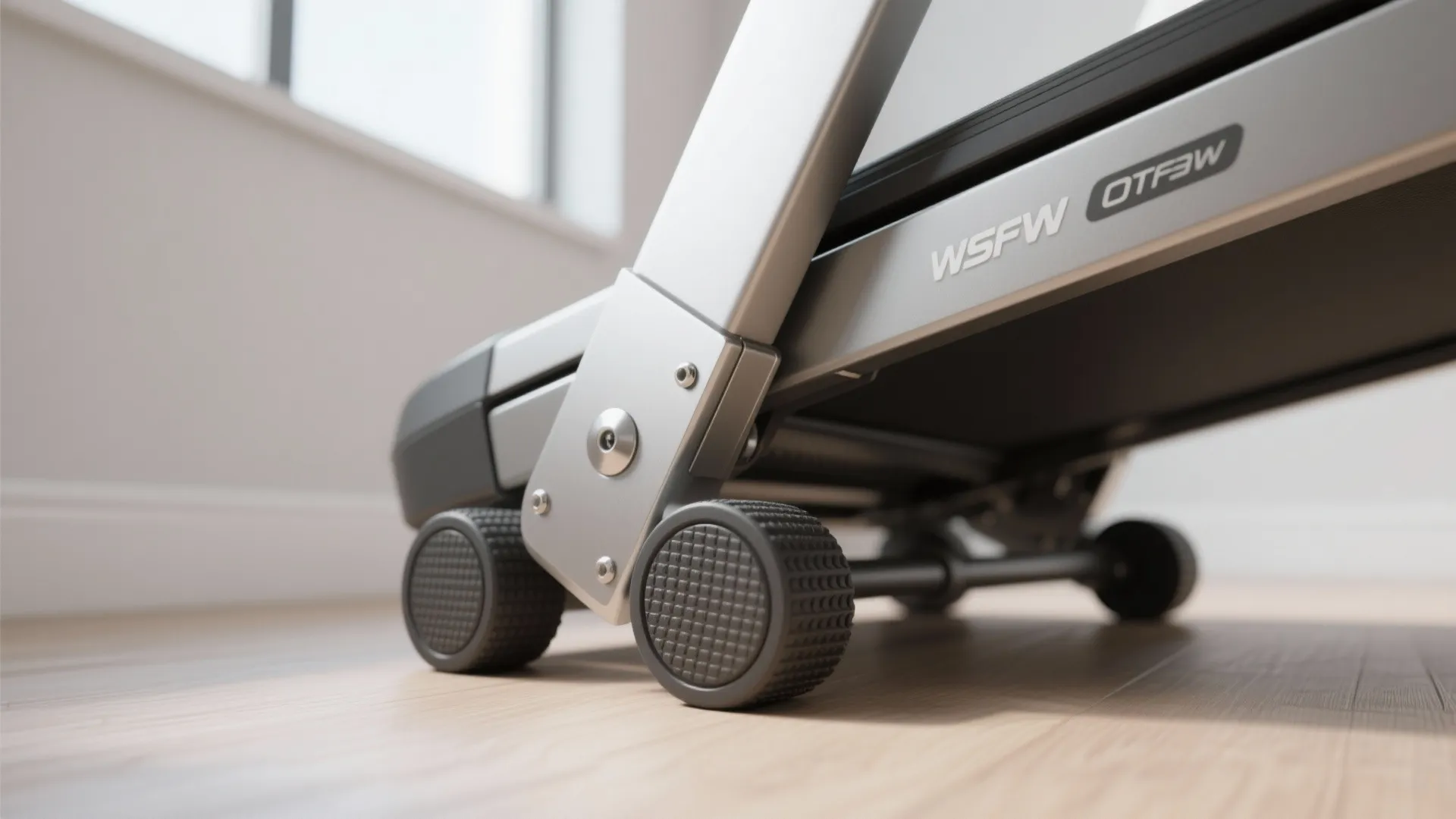Close-up of a foldable treadmill hinge, rubber feet and belt edge showing build quality and compact design.