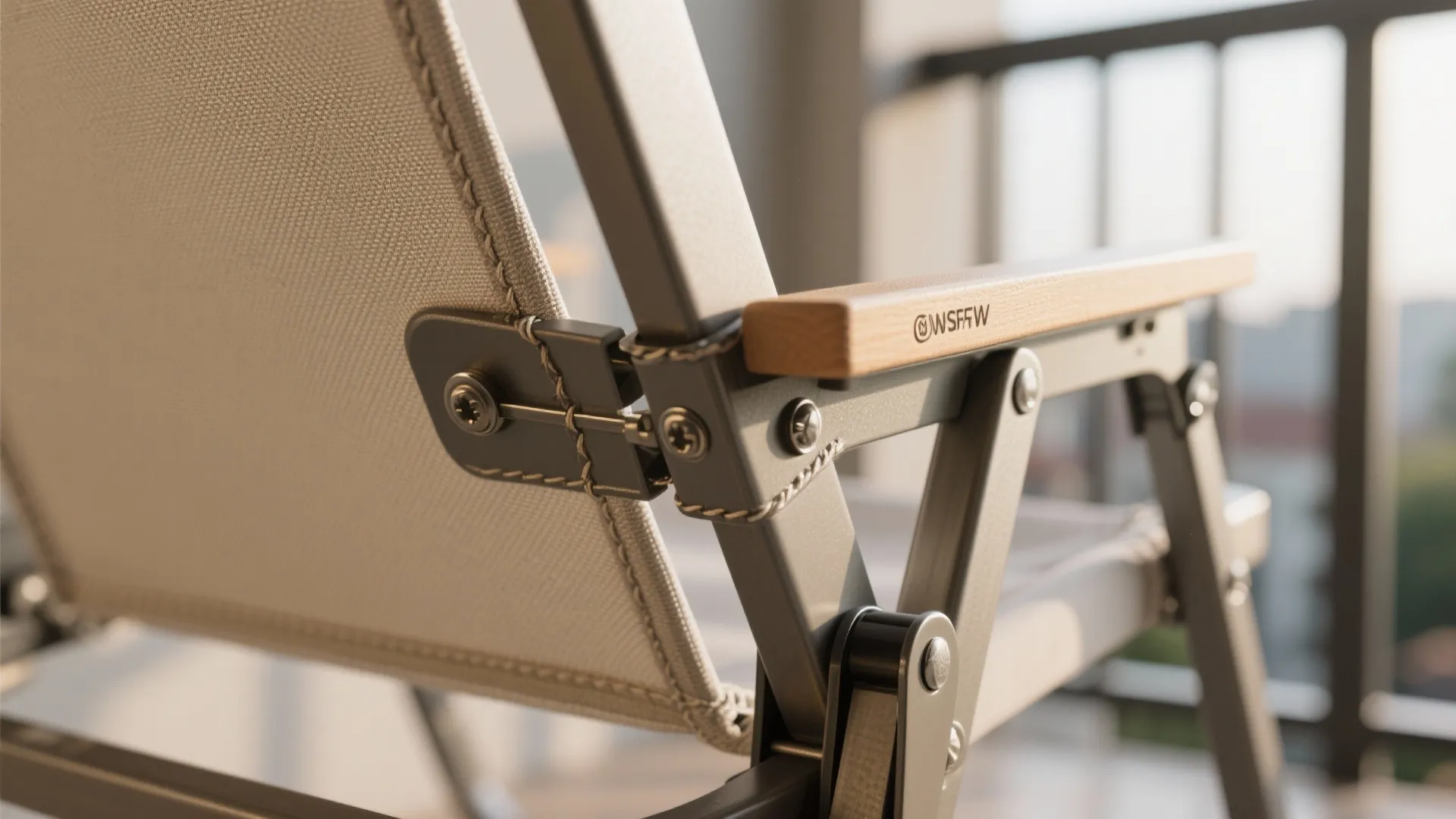 Close up of outdoor chair metal frame showing wooden armrest and sturdy grey fabric material