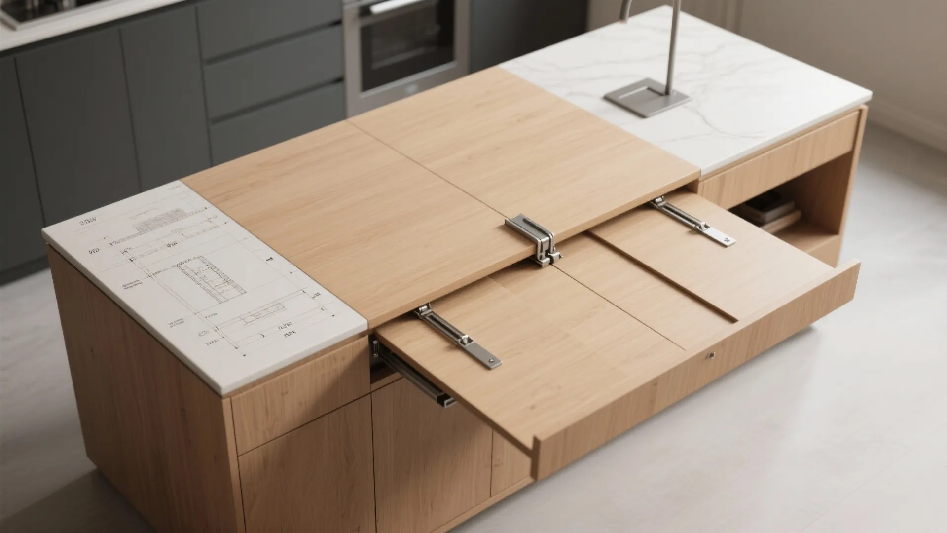 Top-down view of a foldable island-table combo with hinged drop-leaf and stowed supports.