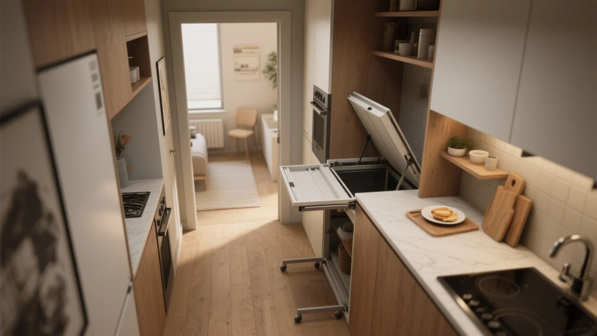 Fold-down breakfast bar and a narrow mobile island in a galley kitchen opening to another room.