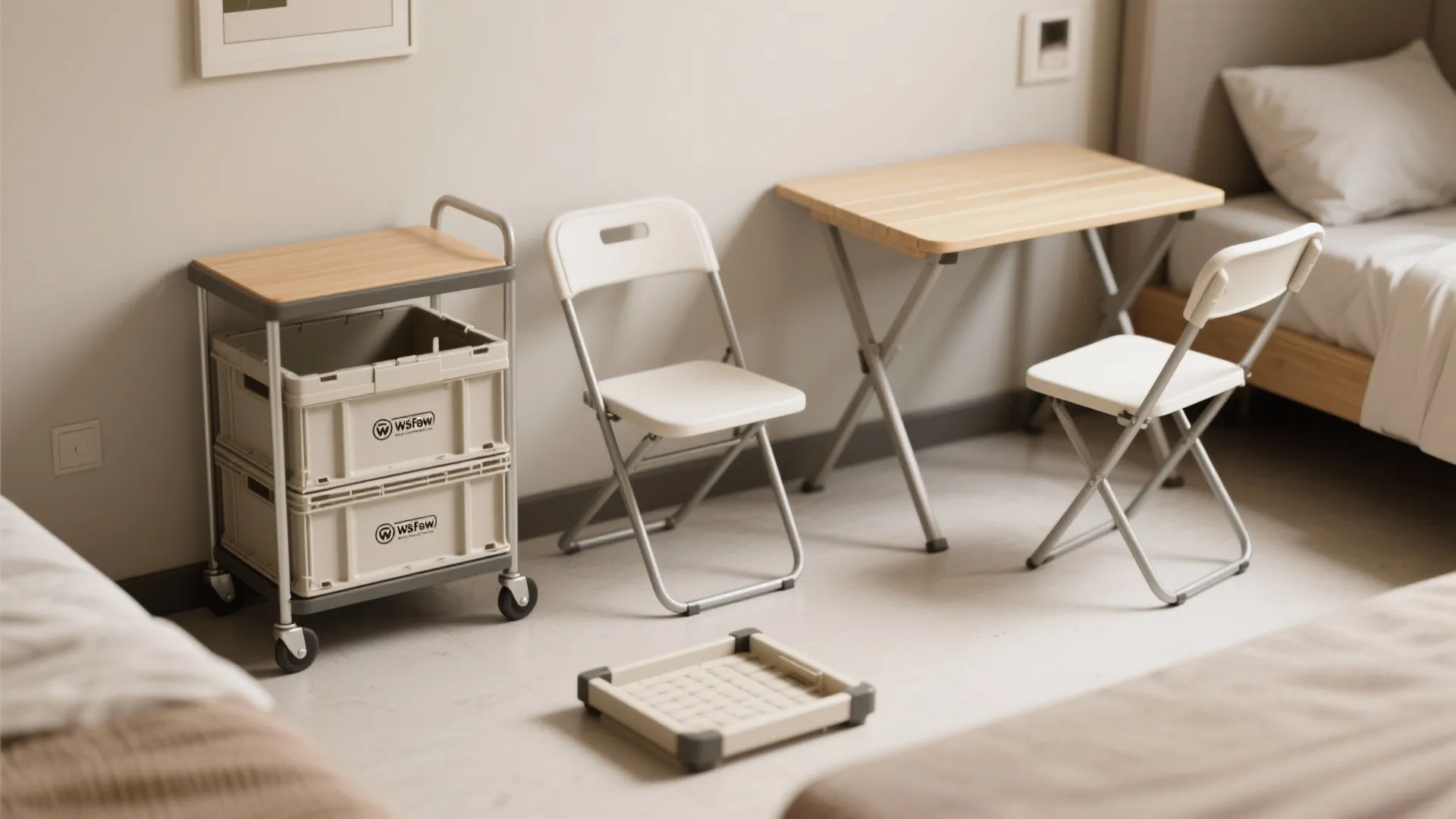 Modern bedroom with foldable wooden table white folding chairs and a grey storage rolling cart