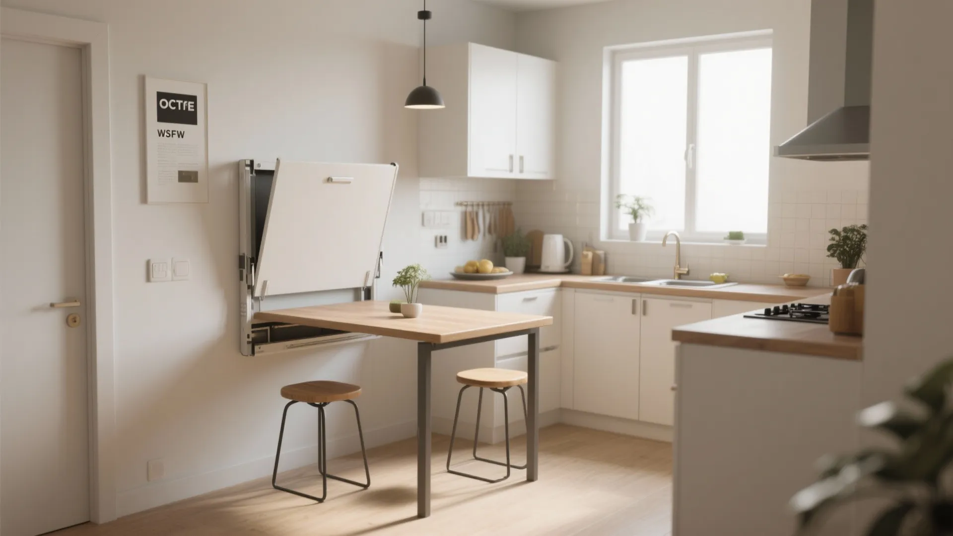 Small kitchen with wall-mounted fold-down table and stools
