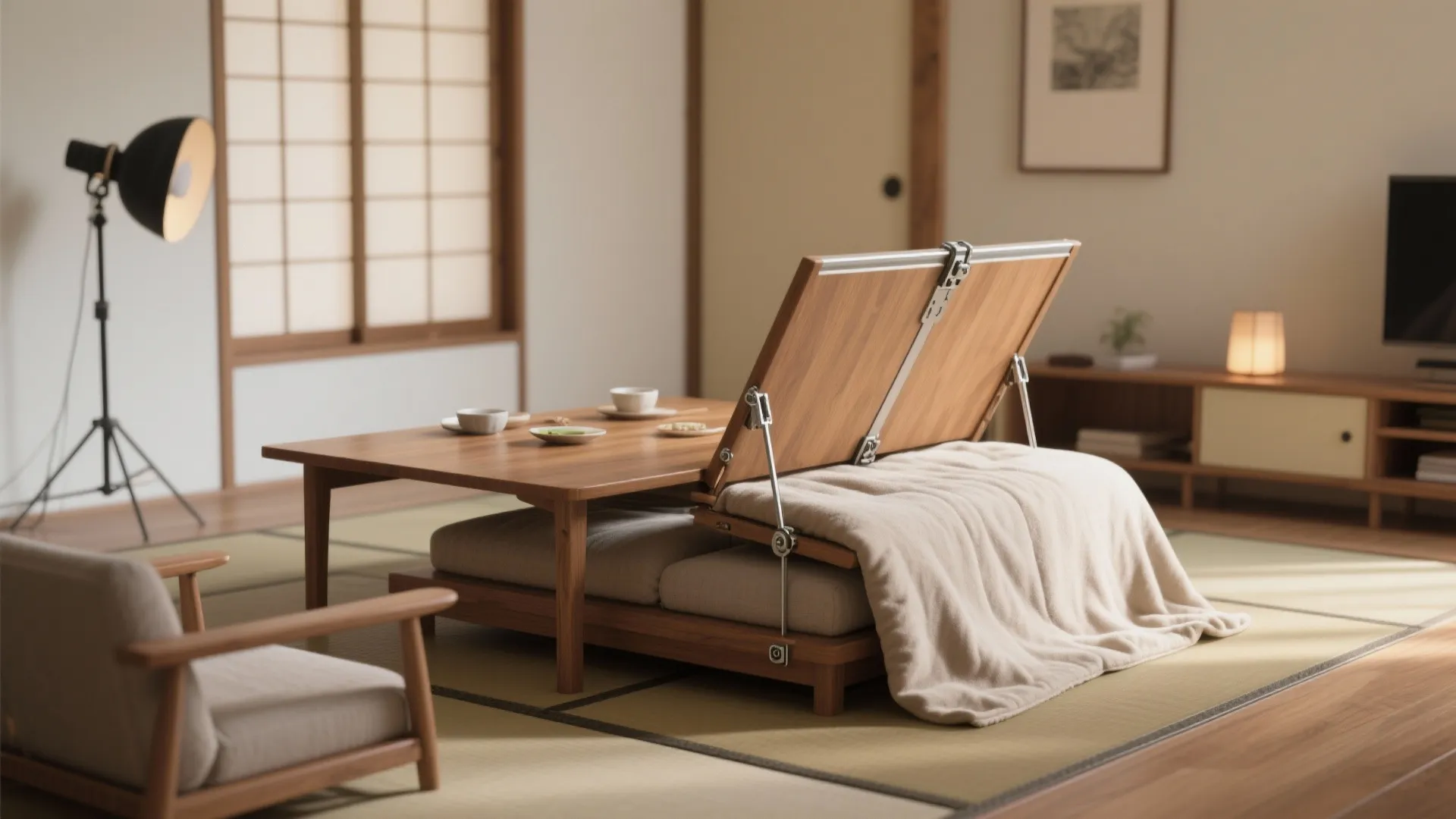 Modern wooden foldable table with warm blanket on floor mat in a minimalist living room