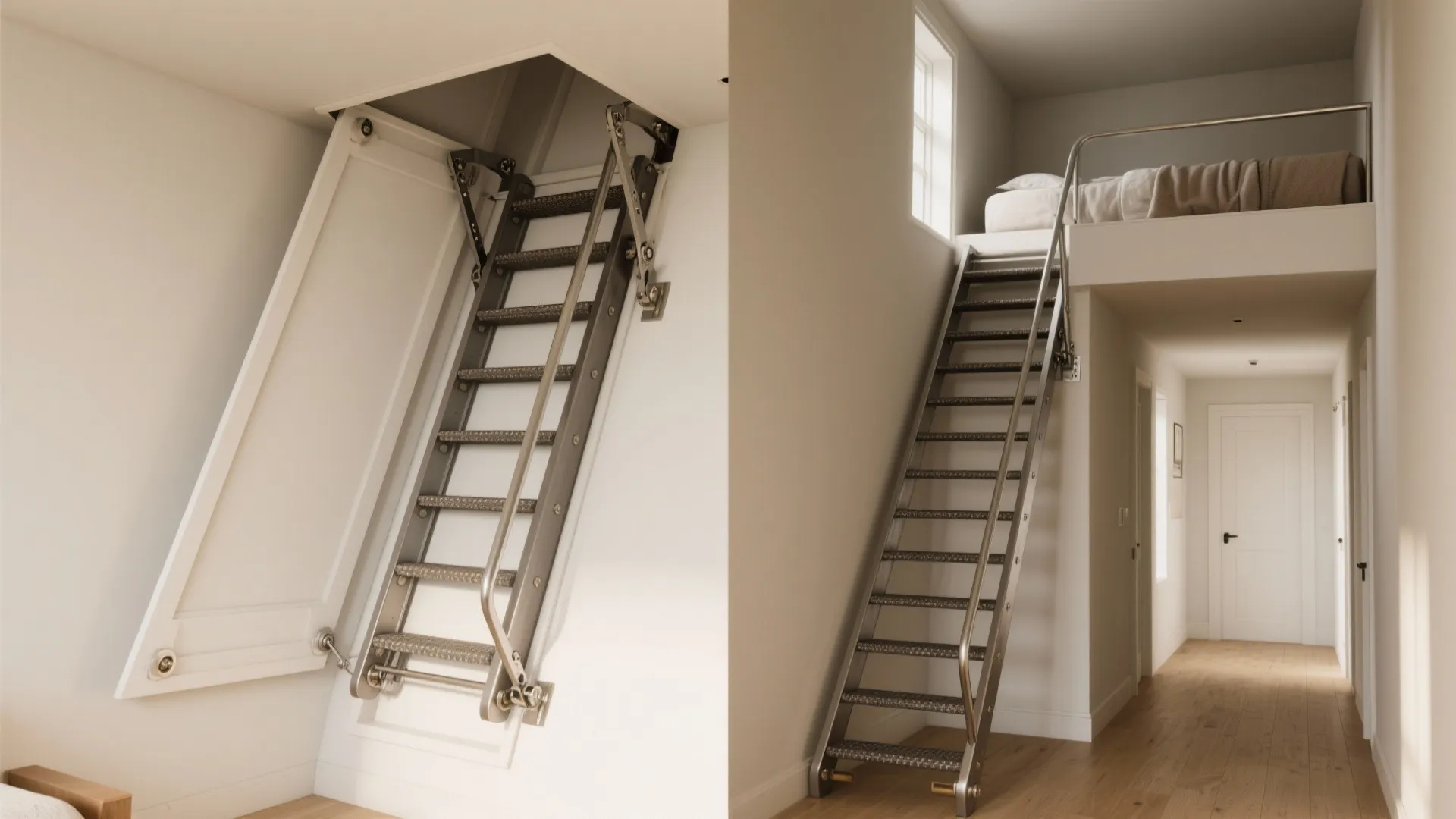 Metal pull down loft ladder leading to a small bedroom area in a narrow hallway