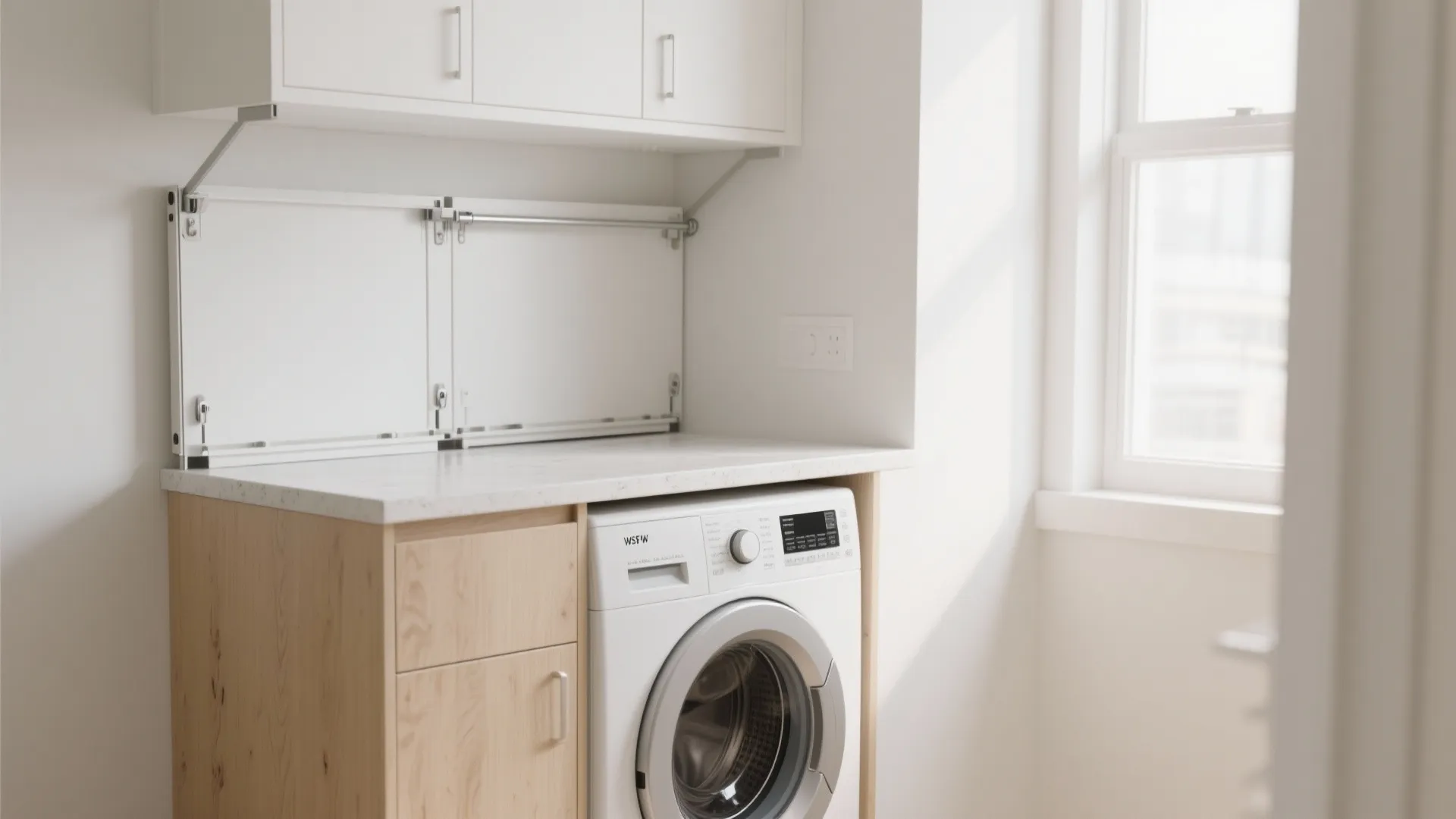 Small laundry area with wood cabinet white washing machine and a foldable drying rack on wall