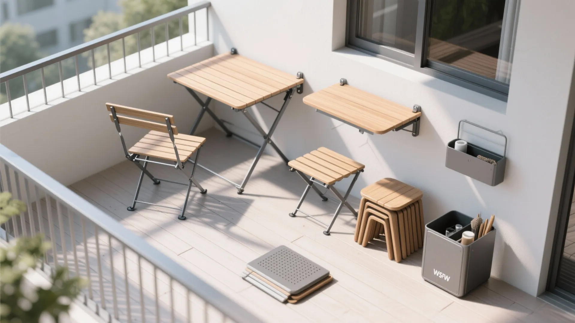 Small balcony with folding wooden table chairs and storage boxes for efficient outdoor space layout