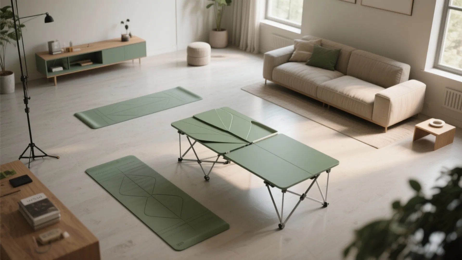 Top-down view of a foldable sage green leaf table in a multifunctional studio with yoga space