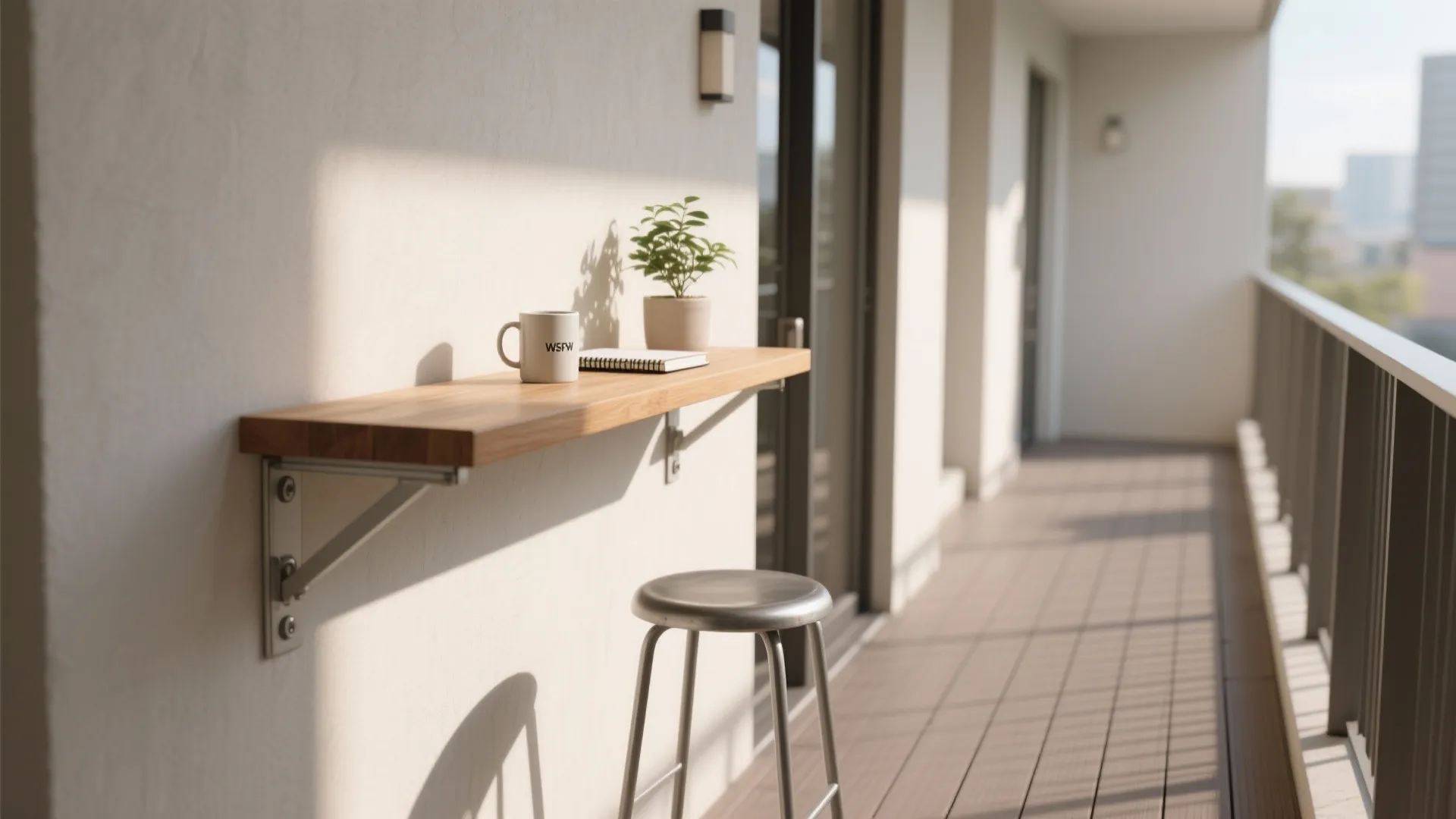 Small wooden wall table on balcony with coffee cup plant book and a metal tall stool