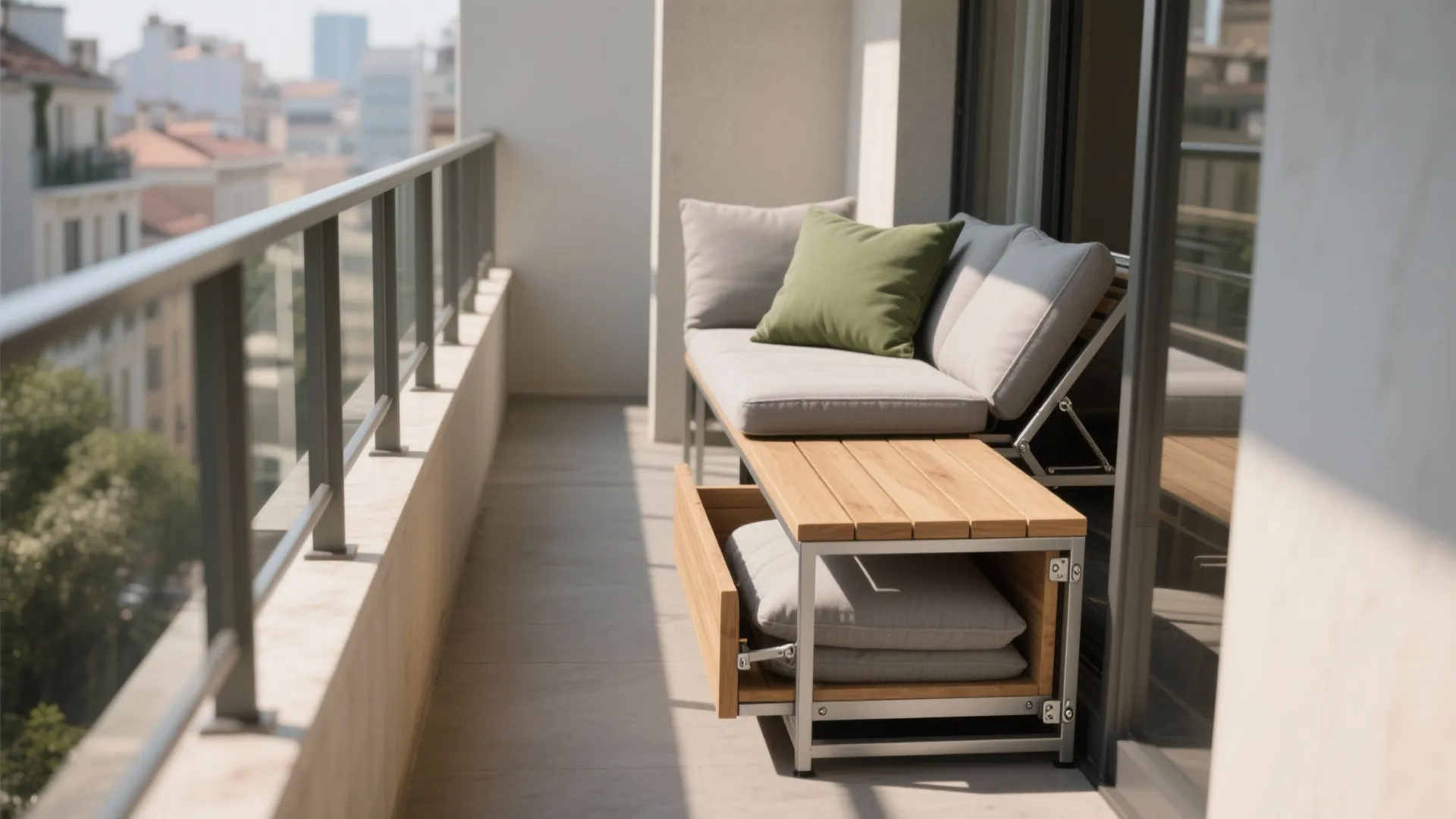 Modern wooden balcony sofa with grey cushions green pillow and a storage drawer for seat pads