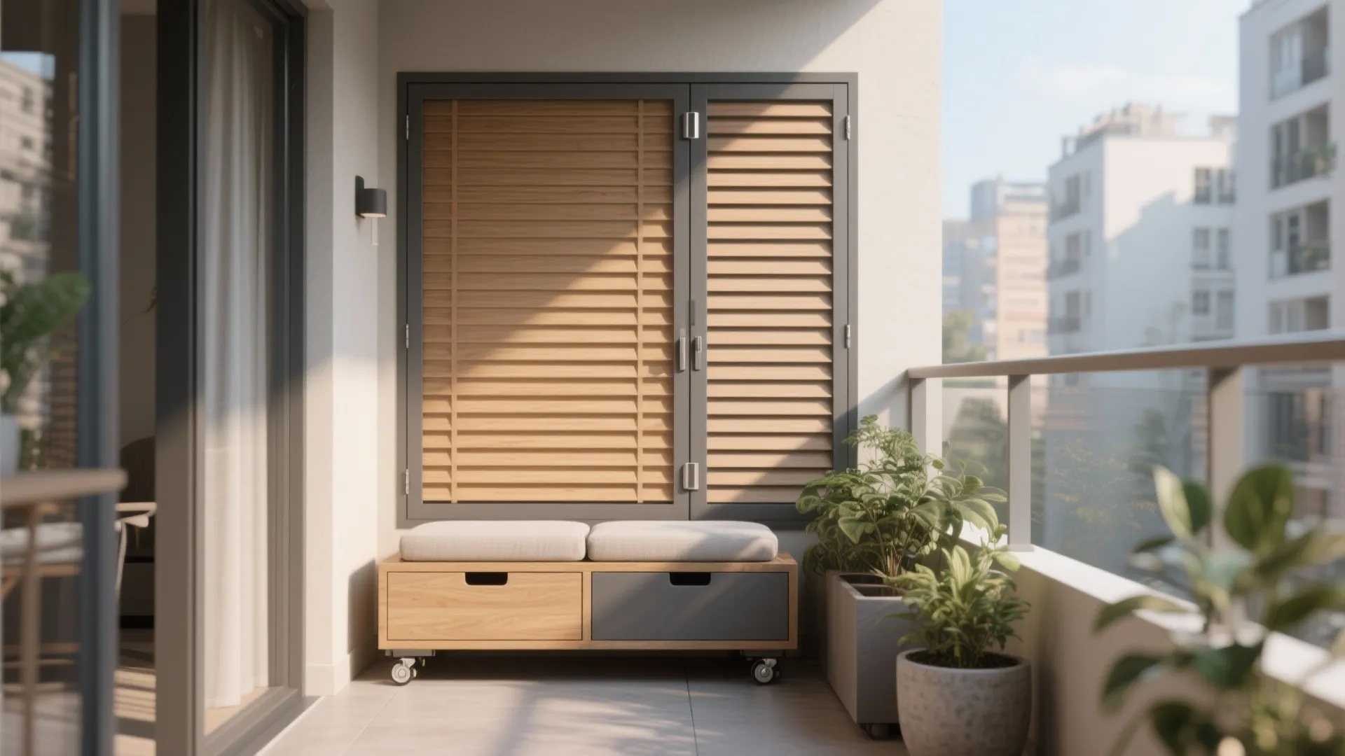 Modern balcony with wooden window shutters a storage bench with cushions and green potted plants