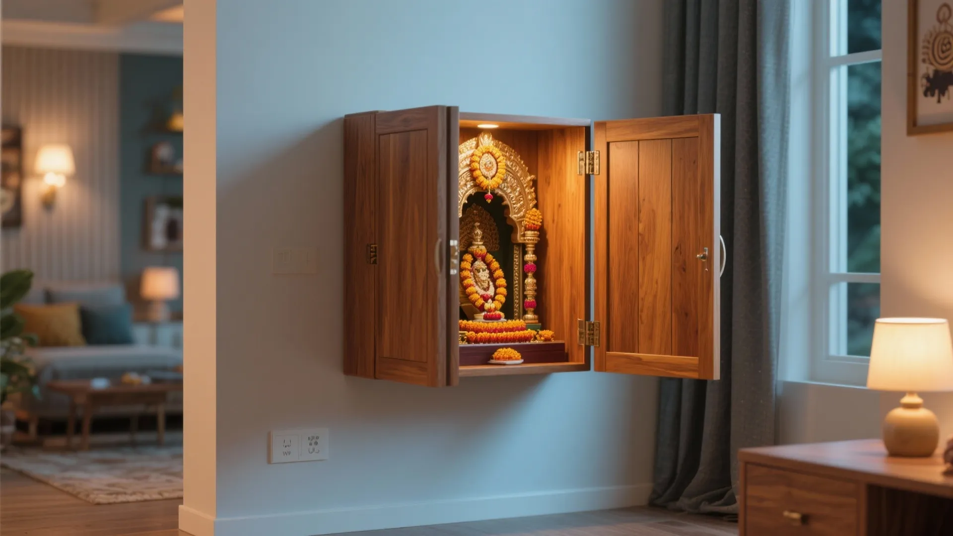 Small wooden wall cabinet with open doors showing a gold colored prayer statue inside home