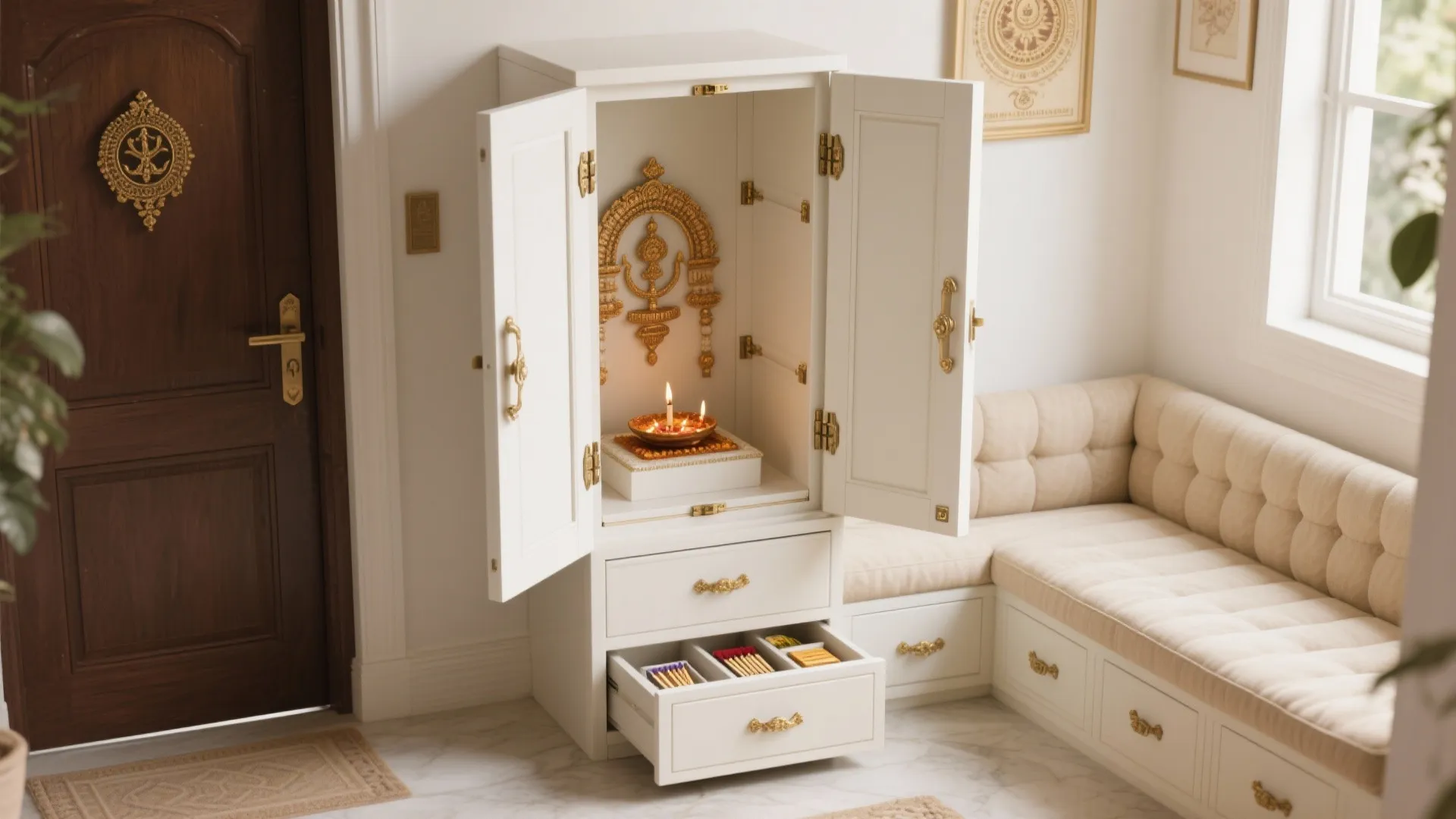 White cabinet with open doors and drawers used as a prayer space near a sofa