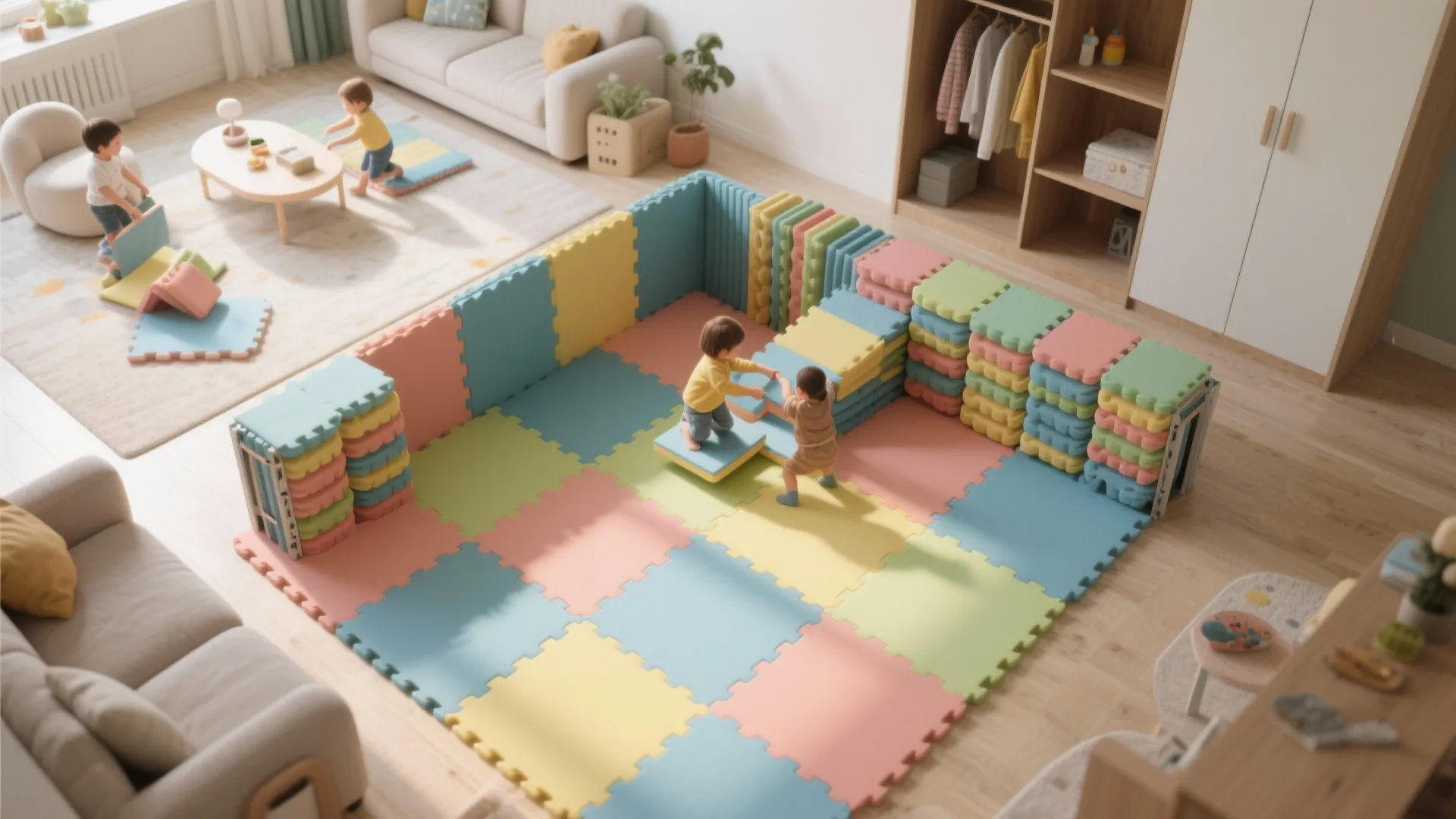 Top down view of children playing on colorful foam floor mats in a modern living room