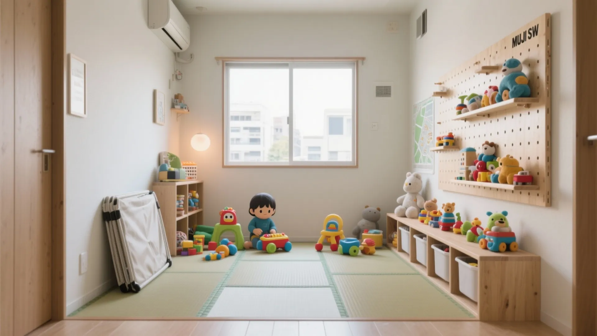 Tips 4: プレイゾーンは“折り畳みマット”＋壁面おもちゃレール（日式風）