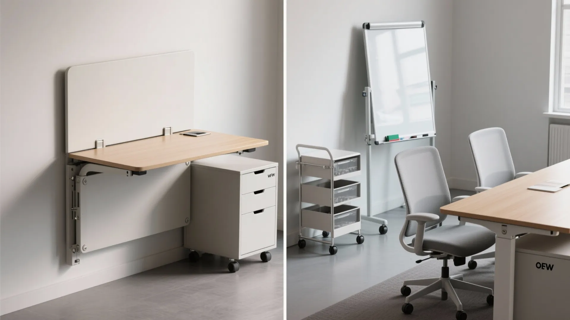 Fold-down desk in stowed and open positions with a rolling storage cart for flexible small-office layouts.