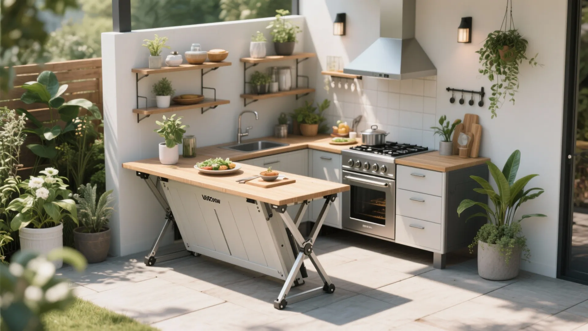 Small outdoor kitchen area with foldable wooden table white cabinets silver oven and green plants