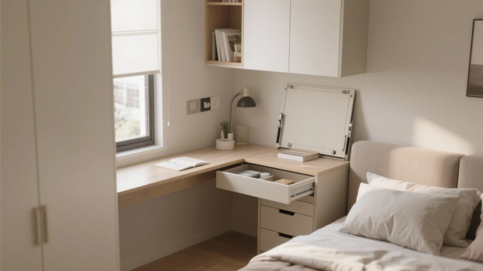 Compact home office area with wooden desk white drawers wall cabinet window and a comfortable bed