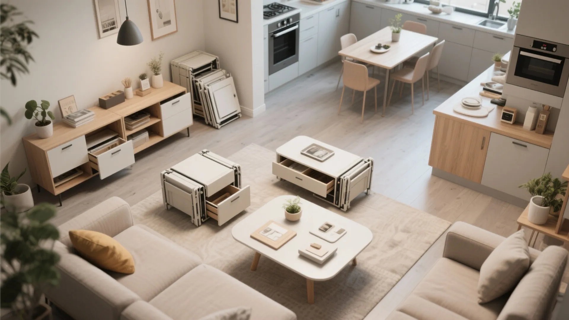 Foldable and nesting furniture in small open space