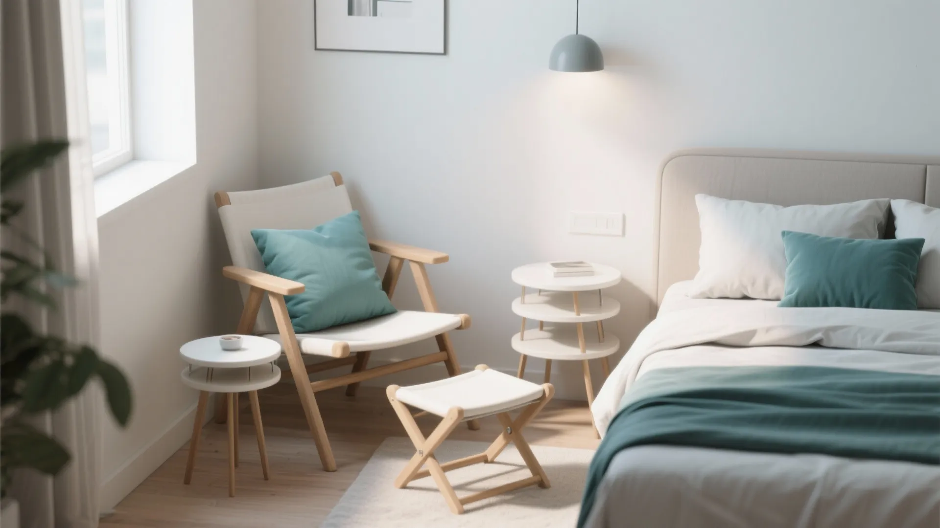 Modern white wooden chair with green pillow next to small round tables in bright bedroom