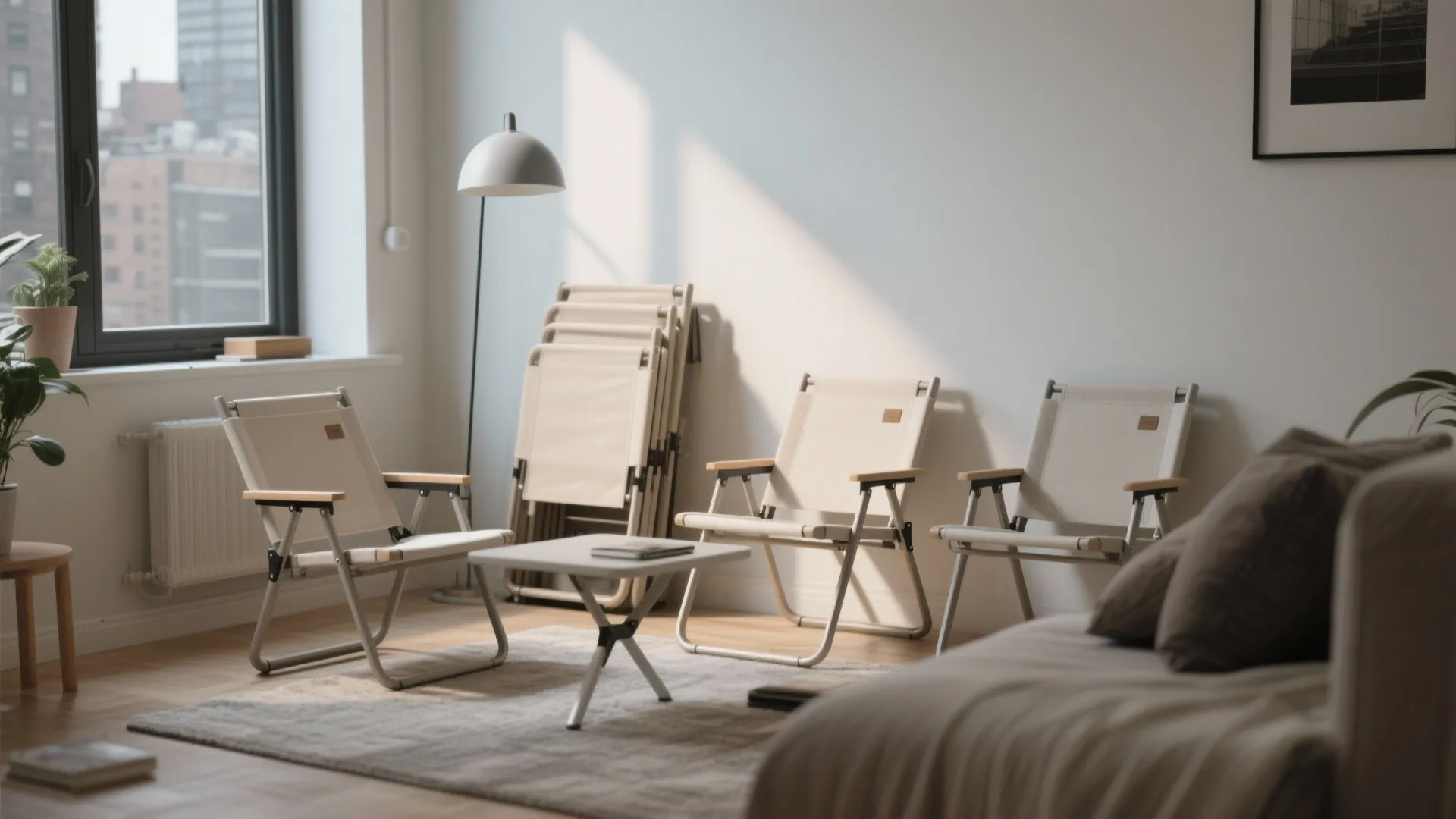 Compact living area with foldable occasional chairs