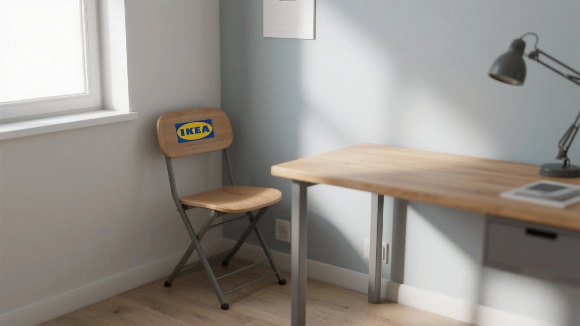 Foldable IKEA chair stored against the wall in a small office