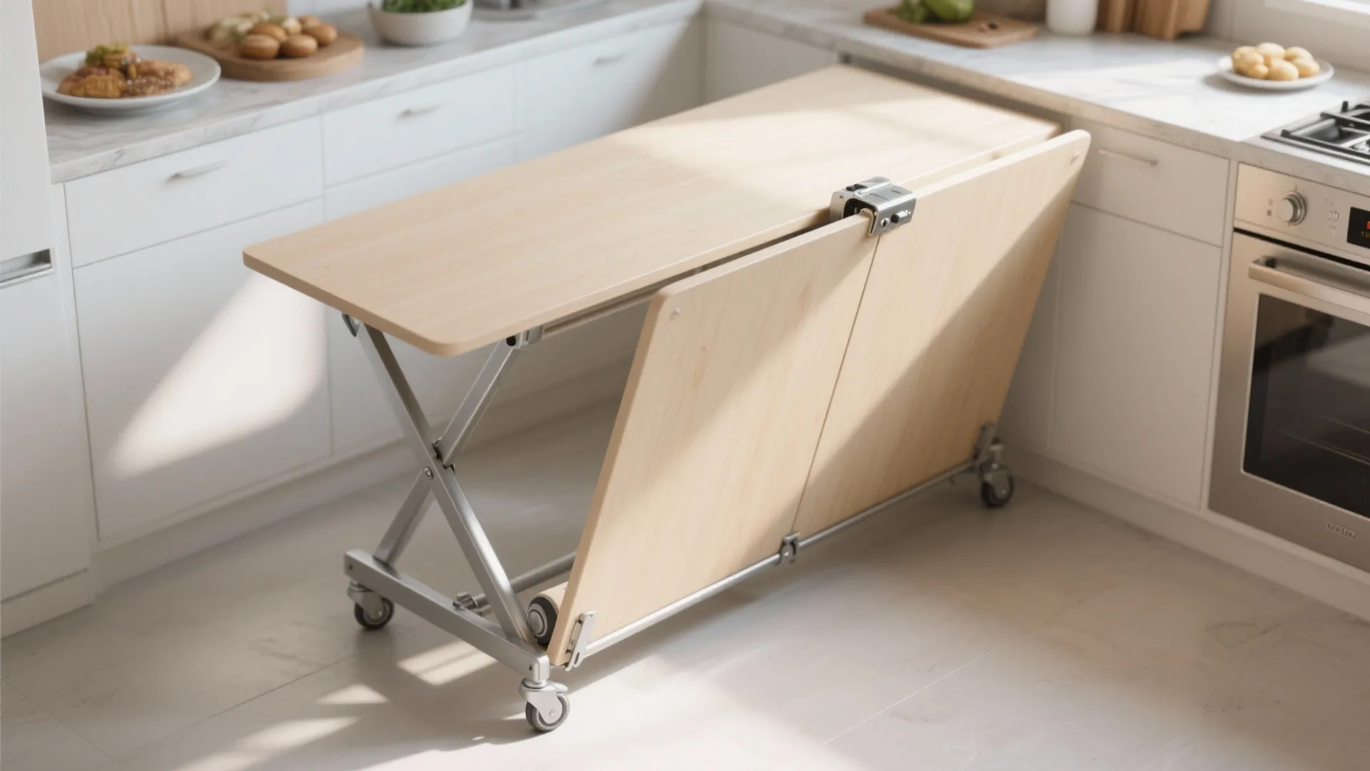 Top-down view of a foldable narrow table on casters shown folded and rolled in a tiny kitchen