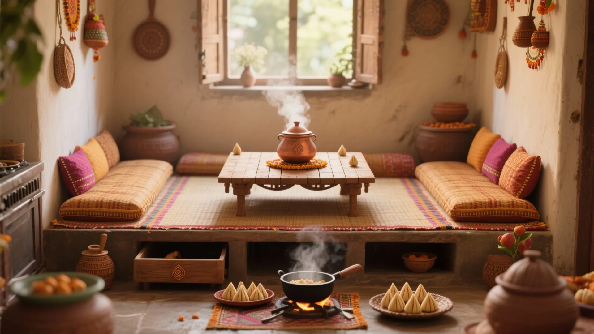 Foldable wooden paati platform with storage for festival cooking