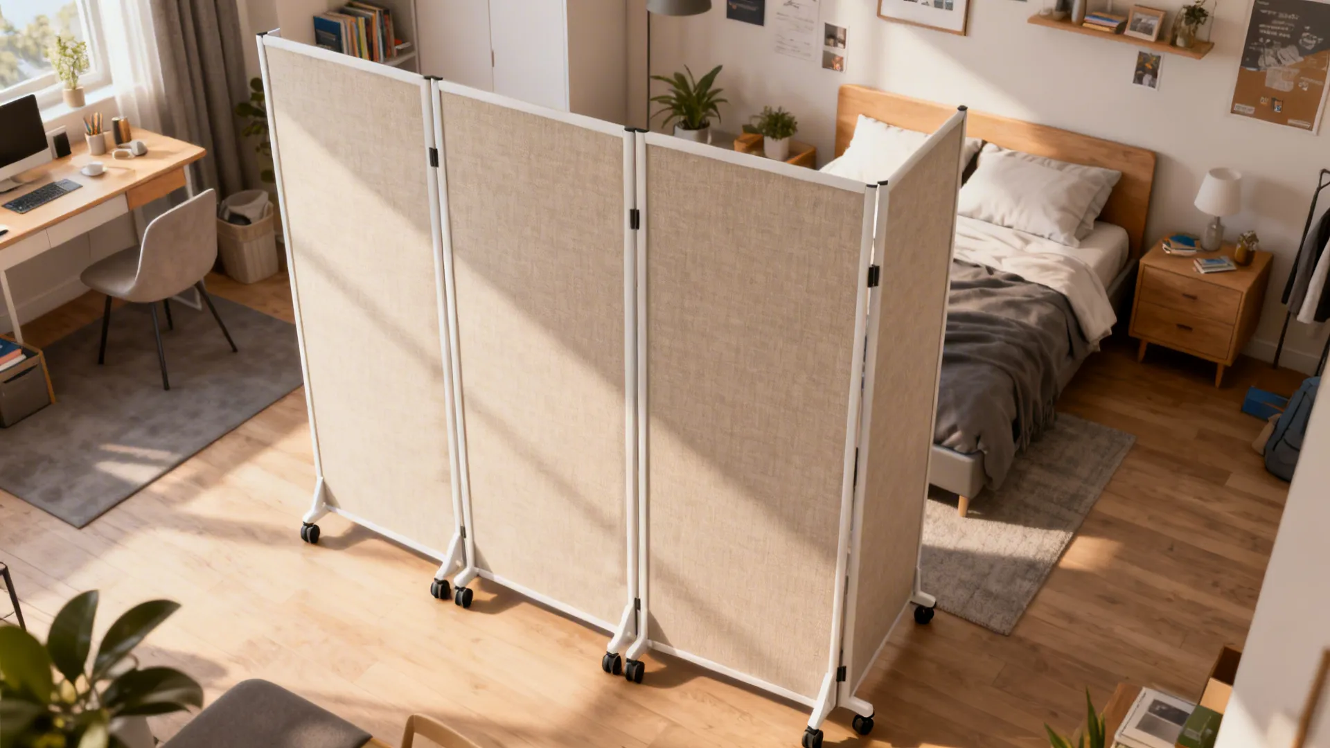 Foldable room divider screen separating a cozy bedroom area from a home office desk space