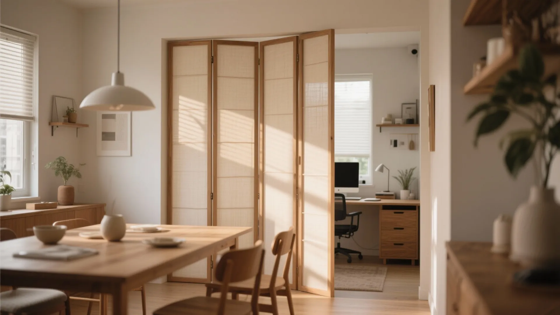 Folding room divider screen separating a wooden dining area from a home office with computer desk