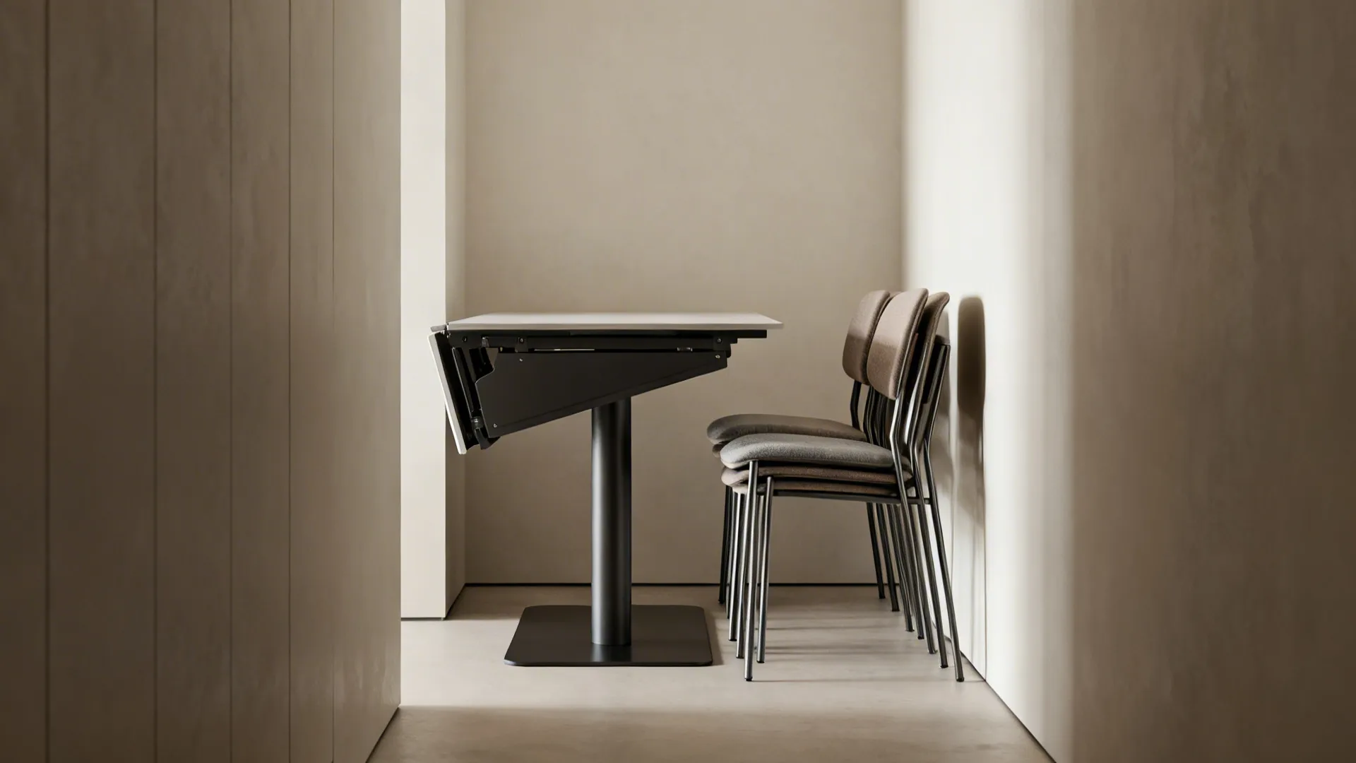 Foldable pedestal table with stacked chairs in a minimalist room against a plain light wall
