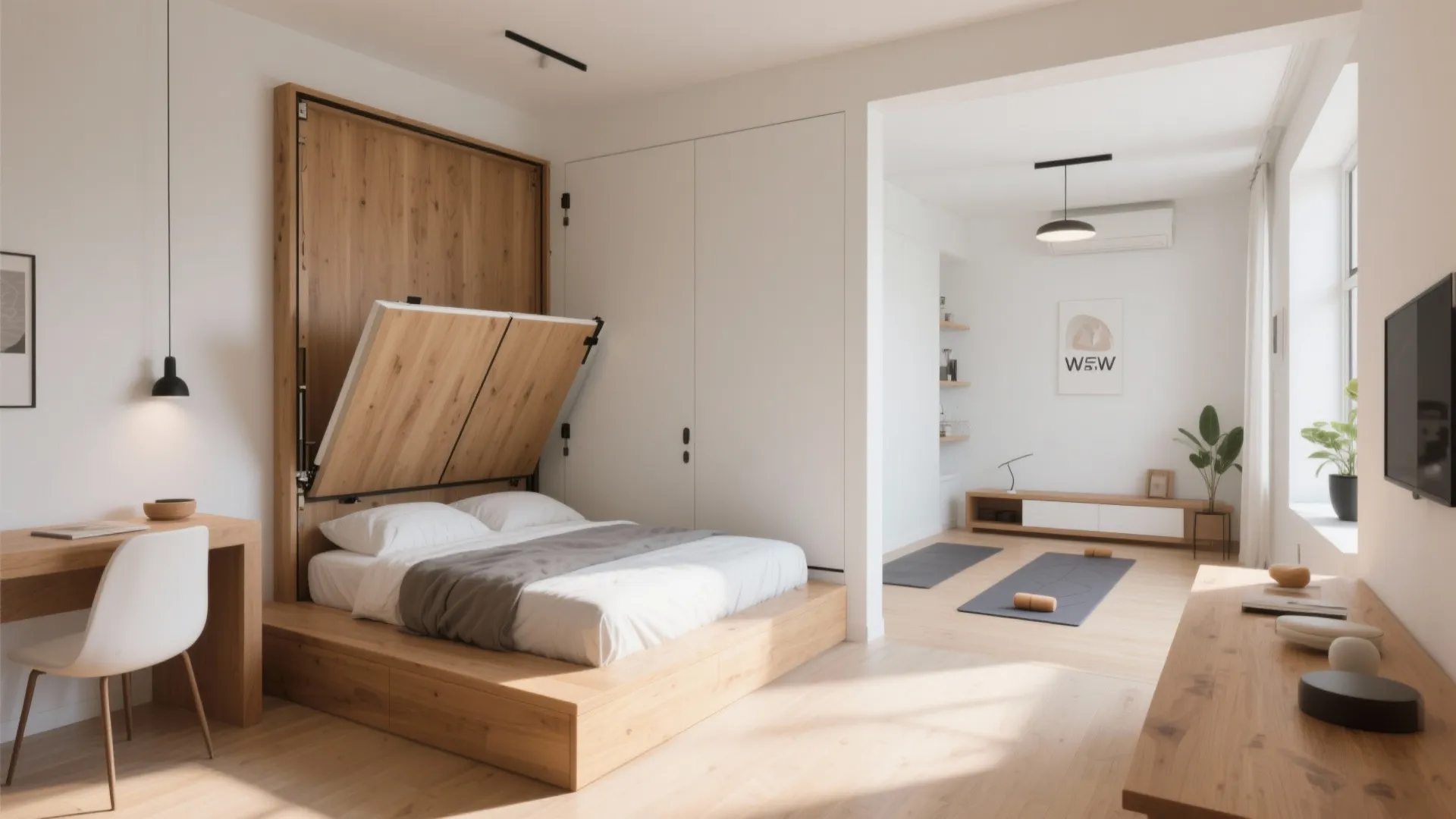 Modern bedroom featuring a wooden foldable bed integrated into a white wall unit with yoga mats