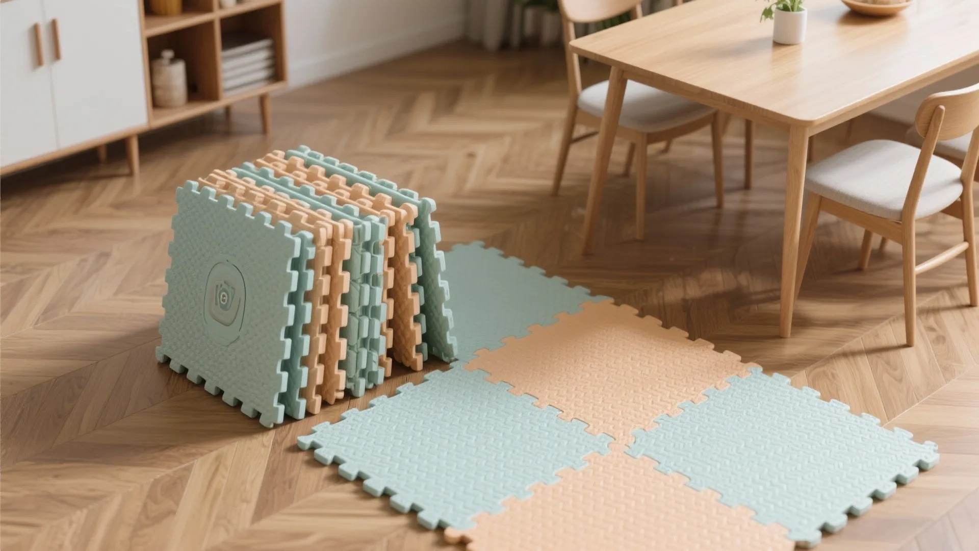 Foam play mat tiles stacked and spread on wood floor near dining table and wooden chairs